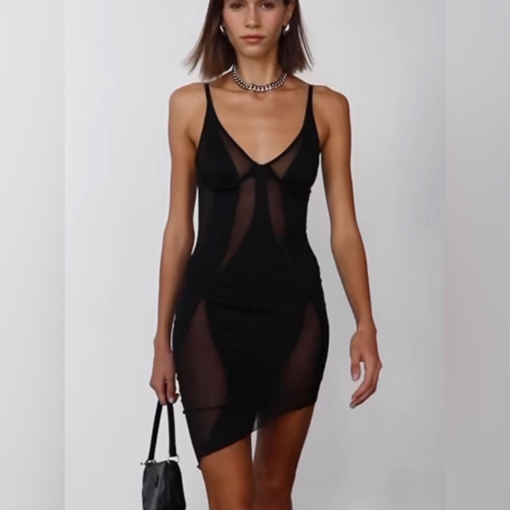 OW Swirl Mini Dress Black Caviar XS Asymmetrical Naked Dress Mesh Cutouts